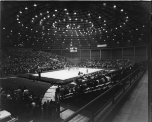   The MSU Fieldhouse floor as it appeared in 1969. Renovation in the 1980s resulted in installation of a permanent hardwood floor as well as reduced seating capacity. At the time of the Big 32 tournaments, a parquet floor was placed over the dirt base. Players used a gangway to reach the floor. They were told to wipe their shoes on towels to avoid slipping on the floor and to avoid tracking dirt on the hardwood. MSU file photo